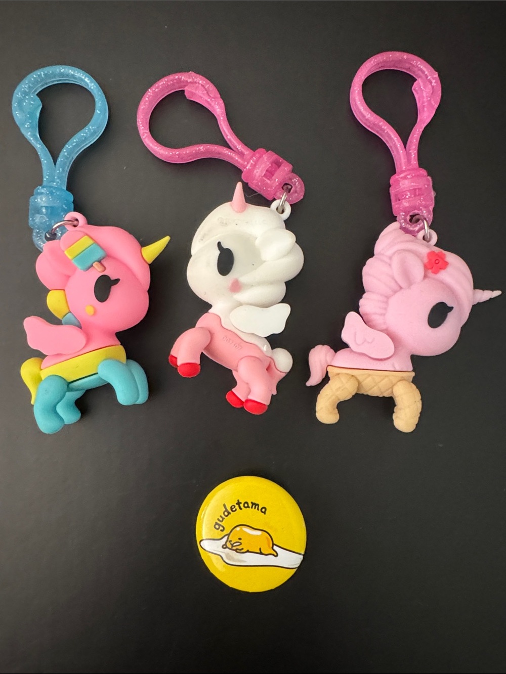 Tokidoki Unicorn Keychain set of 3 and gudetama pin bundle